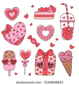 set of isolated groovy whimsical valentine gift and treats