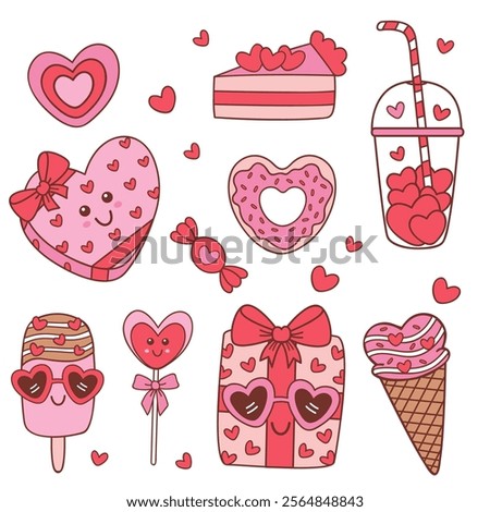 set of isolated groovy whimsical valentine gift and treats