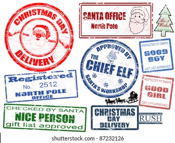 Set of isolated grunge Christmas stamps on white background, vector illustration