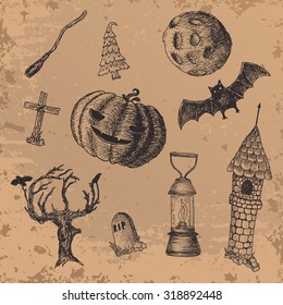 Set of isolated grunge items for Halloween. Icons hand-drawn.