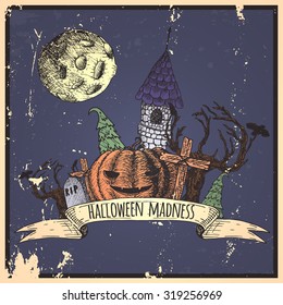 Set of isolated grunge items for Halloween. Icons hand-drawn.
