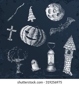Set of isolated grunge items for Halloween. Icons hand-drawn.