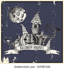 Set of isolated grunge items for Halloween. Icons hand-drawn.