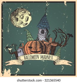 Set of isolated grunge items for Halloween. Icons hand-drawn.