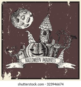 Set of isolated grunge items for Halloween. Icons hand-drawn.
