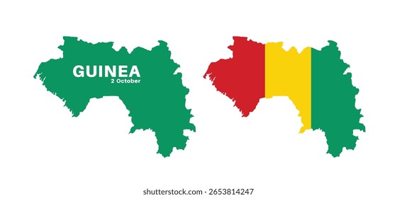 Conjunto de mapas de Guiné isolados. bandeira de Guiné sobreposta com proporções de bandeira. Mapas e viagens ao redor do mundo