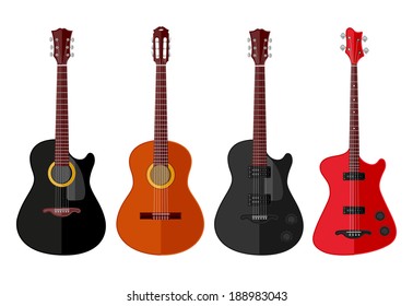 Set of isolated guitars. Flat design. Vector illustration. 