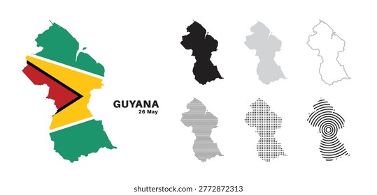 Set of isolated guyana maps. guyana flag overlaid with flag proportions. Maps and traveling around the world