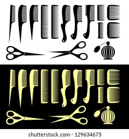 Set of the isolated hairbrushes and scissors. Black set on a white background. Yellow set on a black background.