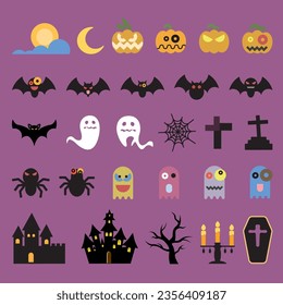 Set of isolated halloween cartoon elements flat design vector illustration.