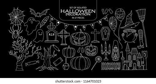 Set of isolated Halloween decoration in 37 pieces. Cute hand drawn haunted theme vector illustration only white outline on black background.