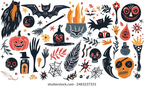 Set of isolated Halloween decoration elements in doodle hand-drawn graphic vector illustration on transparent background. Vivid black, red and orange color tone.