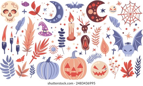 Set of isolated Halloween decoration elements in doodle hand-drawn graphic vector illustration on transparent background 2. Pastel pink and purple color tone.