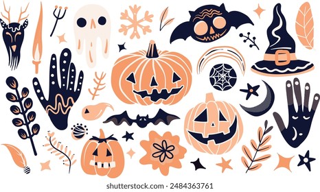 Set of isolated Halloween decoration elements in doodle hand-drawn graphic vector illustration on transparent background 5. Pastel orange and black color tone.