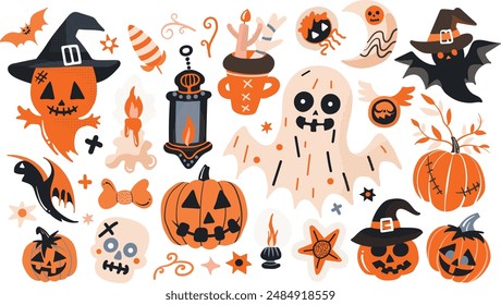 Set of isolated Halloween decoration elements in doodle hand-drawn graphic vector illustration on transparent background 6. Vivid orange and black color tone.