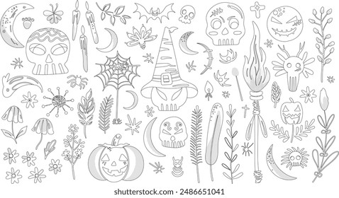 Set of isolated Halloween decoration elements in doodle hand-drawn graphic vector illustration on transparent background 3. Black outline style for coloring book.