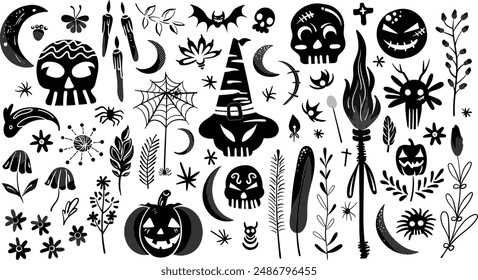 Set of isolated Halloween decoration elements in doodle hand-drawn graphic vector illustration on transparent background 3. Black silhouette style.