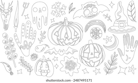 Set of isolated Halloween decoration elements in doodle hand-drawn graphic vector illustration on transparent background 5. Black outline style for coloring book.