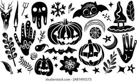 Set of isolated Halloween decoration elements in doodle hand-drawn graphic vector illustration on transparent background 5. Black silhouette style.