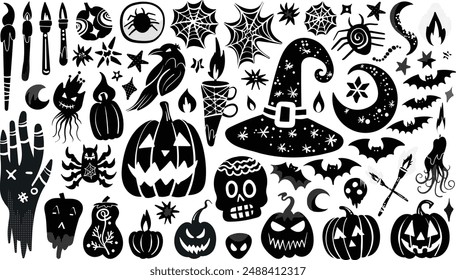 Set of isolated Halloween decoration elements in doodle hand-drawn graphic vector illustration on transparent background 8. Black silhouette style.