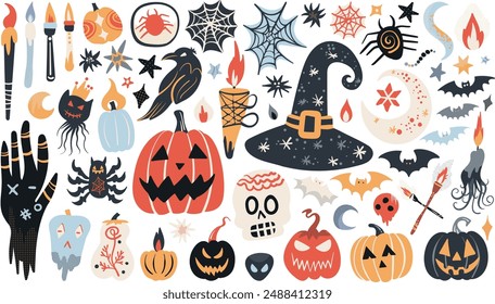 Set of isolated Halloween decoration elements in doodle hand-drawn graphic vector illustration on transparent background 8. Pastel red, orange and blue color tone.