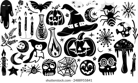 Set of isolated Halloween decoration elements in doodle hand-drawn graphic illustration on transparent background. Black silhouette style.