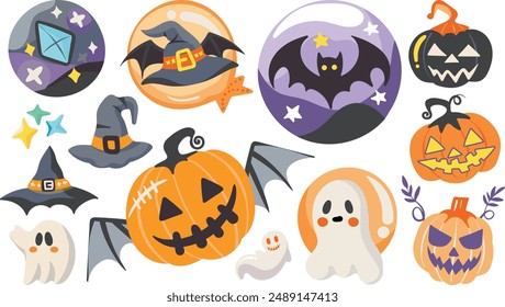 Conjunto de Elementos de decoración de Halloween aislados para pegatina, insignia, etiqueta o etiqueta en estilo de ilustración gráfica linda sobre fondo transparente, Volumen 1: tono de color naranja vivo y púrpura.