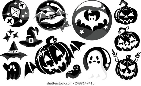 Conjunto de Elementos de decoración de Halloween aislados para pegatina, insignia, etiqueta o etiqueta en estilo de ilustración gráfica linda sobre fondo transparente, Volumen 1: estilo de silueta negra.