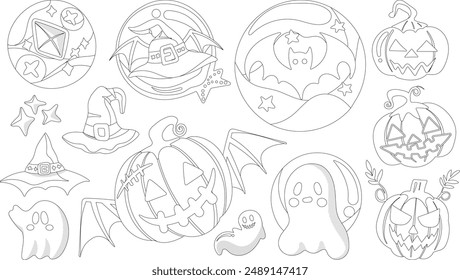 Conjunto de Elementos de decoración de Halloween aislados para pegatina, insignia, etiqueta o etiqueta en estilo de ilustración gráfica linda sobre fondo transparente, Volumen 1: estilo de contorno negro.
