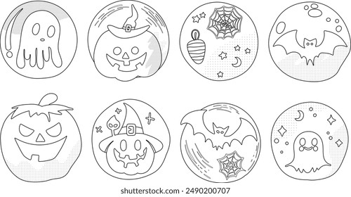 Conjunto de Elementos de decoración de Halloween aislados para pegatina, insignia, etiqueta o etiqueta en estilo de ilustración gráfica linda sobre fondo transparente, Volumen 2: estilo de contorno negro.