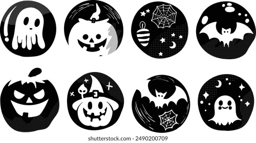 Set of isolated Halloween decoration elements for sticker, badge, tag or label in cute graphic illustration style on transparent background, Volume 2: Black silhouette style.