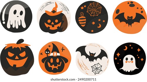 Set of isolated Halloween decoration elements for sticker, badge, tag or label in cute graphic illustration style on transparent background, Volume 2: vivid orange, white and black color tone.