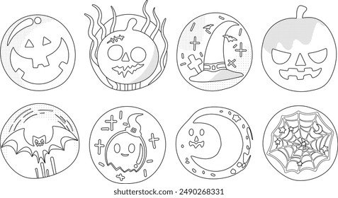 Conjunto de Elementos de decoración de Halloween aislados para pegatina, insignia, etiqueta o etiqueta en estilo de ilustración gráfica linda sobre fondo transparente, Volumen 3: estilo de contorno negro.