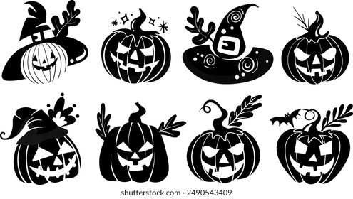 Conjunto de Elementos de decoración de Halloween aislados para pegatina, insignia, etiqueta o etiqueta en estilo de ilustración gráfica linda sobre fondo transparente, Volumen 4: estilo de silueta negro.