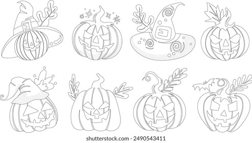 Conjunto de Elementos de decoración de Halloween aislados para pegatina, insignia, etiqueta o etiqueta en estilo de ilustración gráfica linda sobre fondo transparente, Volumen 4: estilo de contorno negro.