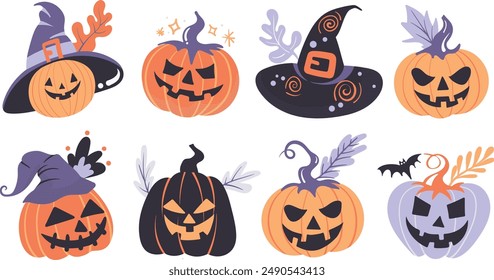 Conjunto de Elementos de decoración de Halloween aislados para pegatina, insignia, etiqueta o etiqueta en estilo de ilustración gráfica linda sobre fondo transparente, Volumen 4: tono de color naranja vivo, púrpura y negro.