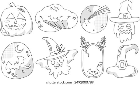 Conjunto de Elementos de decoración de Halloween aislados para pegatina, insignia, etiqueta o etiqueta en estilo de ilustración gráfica linda sobre fondo transparente, Volumen 5: estilo de contorno negro.