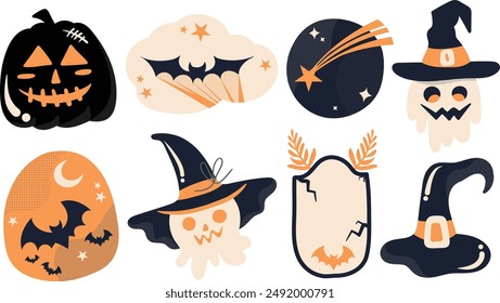 Conjunto de Elementos de decoración de Halloween aislados para pegatina, insignia, etiqueta o etiqueta en estilo de ilustración gráfica linda sobre fondo transparente, Volumen 5: tono de color naranja vivo, beige y negro.