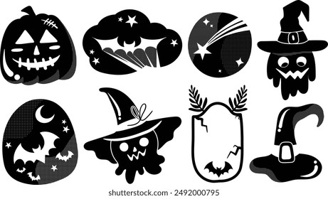 Conjunto de Elementos de decoración de Halloween aislados para pegatina, insignia, etiqueta o etiqueta en estilo de ilustración gráfica linda sobre fondo transparente, Volumen 5: estilo de silueta negra.