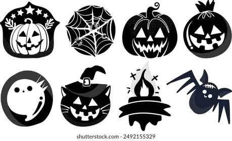 Conjunto de Elementos de decoración de Halloween aislados para pegatina, insignia, etiqueta o etiqueta en estilo de ilustración gráfica linda sobre fondo transparente, Volumen 6: estilo de silueta negra.