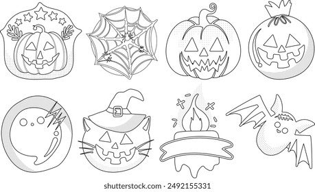 Conjunto de Elementos de decoración de Halloween aislados para pegatina, insignia, etiqueta o etiqueta en estilo de ilustración gráfica linda sobre fondo transparente, Volumen 6: estilo de contorno negro.