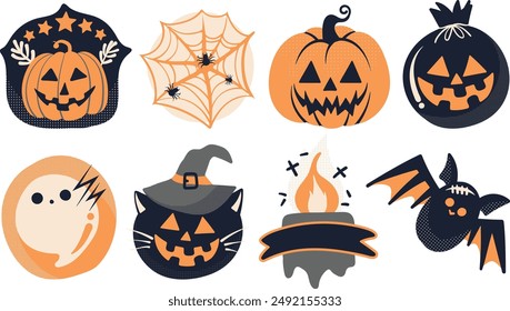 Conjunto de Elementos de decoración de Halloween aislados para pegatina, insignia, etiqueta o etiqueta en estilo de ilustración gráfica linda sobre fondo transparente, Volumen 6: tono de color naranja vivo, beige y negro.