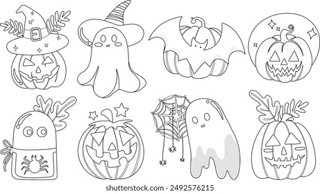 Conjunto de Elementos de decoración de Halloween aislados para pegatina, insignia, etiqueta o etiqueta en estilo de ilustración gráfica linda sobre fondo transparente, Volumen 7: estilo de contorno negro.