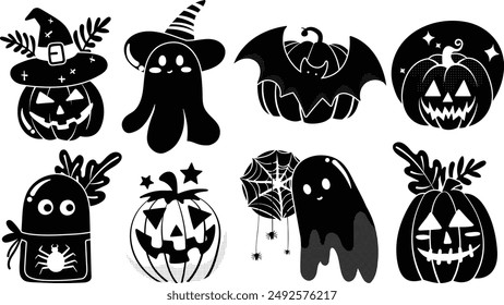 Set of isolated Halloween decoration elements for sticker, badge, tag or label in cute graphic illustration style on transparent background, Volume 7: Black silhouette style.