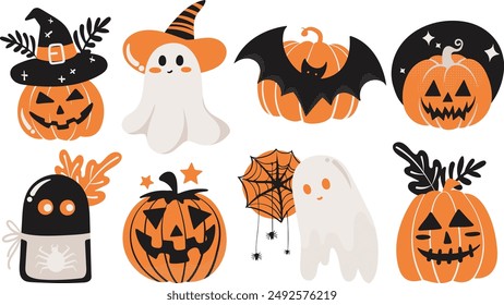 Set von vereinzelten Halloween-Deko-Elementen für Aufkleber, Abzeichen, Tag oder Etikett im niedlichen grafischen Illustrationsstil auf durchsichtigem Hintergrund, Band 7: lebendiger Orange-, Beige- und Schwarzton.