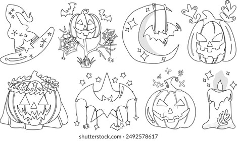 Conjunto de Elementos de decoración de Halloween aislados para pegatina, insignia, etiqueta o etiqueta en estilo de ilustración gráfica linda sobre fondo transparente, Volumen 8: estilo de contorno negro.