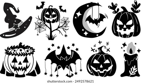 Conjunto de Elementos aislados de decoración de Halloween para pegatina, insignia, etiqueta o etiqueta en estilo de ilustración gráfica linda sobre fondo transparente, volumen 8: estilo de silueta negra.