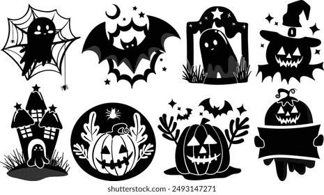 Conjunto de Elementos aislados de decoración de Halloween para pegatina, insignia, etiqueta o etiqueta en estilo de ilustración gráfica linda sobre fondo transparente, volumen 9: estilo de silueta negra.