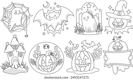 Conjunto de Elementos de decoración de Halloween aislados para pegatina, insignia, etiqueta o etiqueta en estilo de ilustración gráfica linda sobre fondo transparente, Volumen 9: estilo de contorno negro.