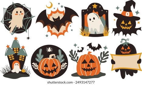 Conjunto de Elementos de decoración de Halloween aislados para pegatina, insignia, etiqueta o etiqueta en estilo de ilustración gráfica linda sobre fondo transparente, Volumen 9: color naranja vivo, verde, amarillo y negro.